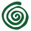 A dark green spiral graphic on a solid white background.