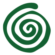A dark green spiral graphic on a solid white background.