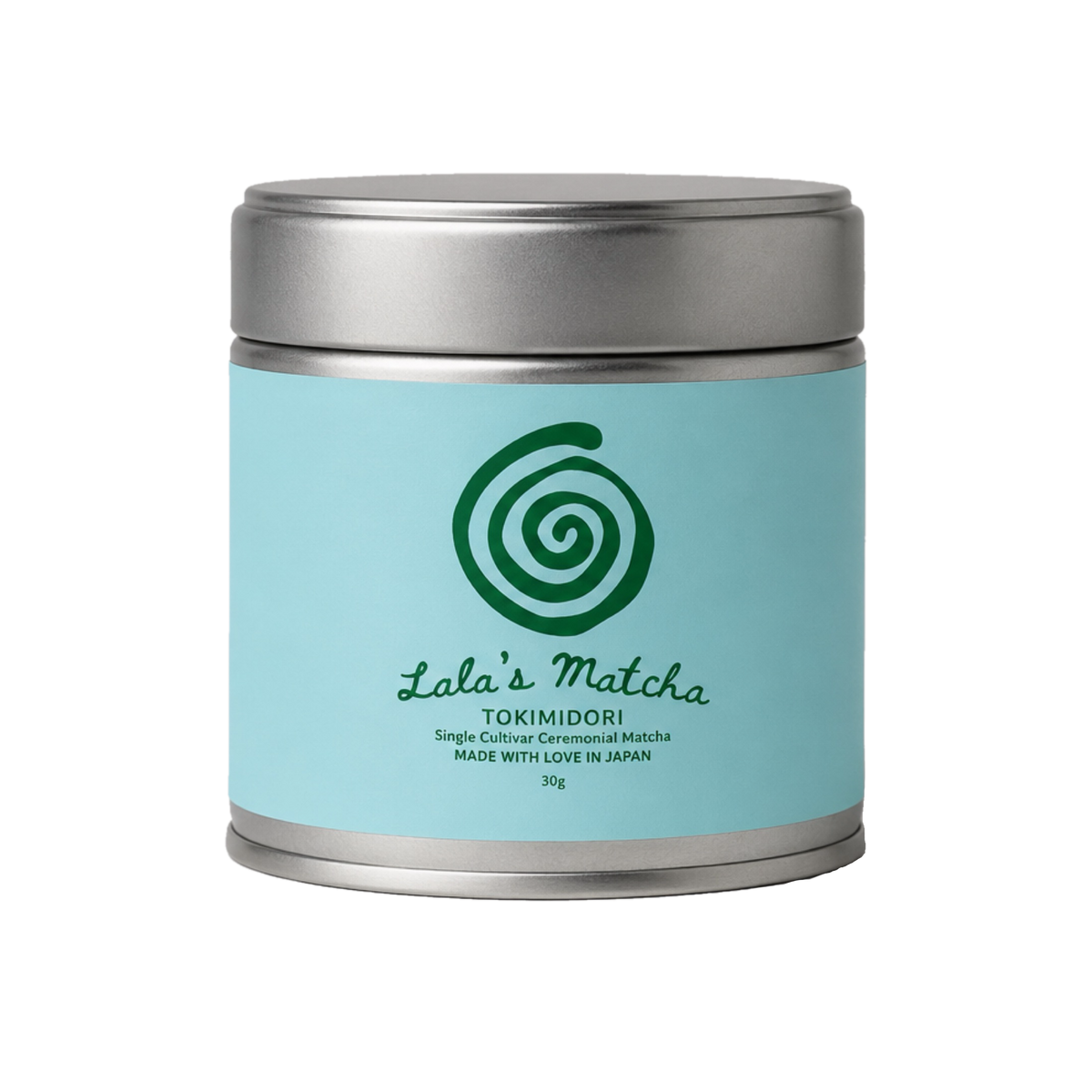A silver metal canister of Lala's Matcha Tokimidori single-leaf ceremonial matcha, featuring a light blue label with a green spiral logo, set against a plain white background.